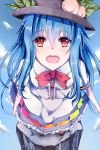 1girl blue_hair bow clouds food from_above fruit hat hinanawi_tenshi long_hair open_mouth peach red_eyes rinarisa sky smile solo standing touhou 