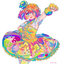  >_o 1girl ;d arm_up asymmetrical_legwear blue_eyes clenched_hand clothing_cutout commentary_request cowboy_shot dress earrings eighth_note fingerless_gloves floating_hair gloves hand_on_own_hip highres jewelry kamen_rider kamen_rider_ex-aid_(series) korean_commentary looking_at_viewer max_(2n4_6h8) mismatched_legwear mole mole_under_eye multicolored_dress musical_note necktie one_eye_closed open_mouth pink_dress pink_hair pink_nails pink_thighhighs poppi_pipopapo short_hair shoulder_cutout smile solo square_pupils thigh-highs tokusatsu twitter_username white_background yellow_dress yellow_gloves yellow_necktie yellow_thighhighs zettai_ryouiki 