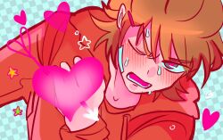  1boy alien_stage animification bandage_on_face bandages blush brown_hair checkered_background colorful commentary derivative_work eddsworld hair_ears hashtag-only_commentary heart heart-shaped_pupils highres hood hood_down hoodie long_sleeves looking_at_viewer male_focus one_eye_closed parody peluituap red_hoodie short_hair solo sweat symbol-shaped_pupils tord_(eddsworld) 