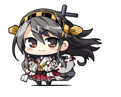  1girl black_hair boots brown_eyes chibi detached_sleeves hakama hakama_skirt haruna_(kancolle) headgear japanese_clothes kantai_collection long_hair looking_at_viewer machinery mast nontraditional_miko pleated_skirt red_skirt ribbon-trimmed_sleeves ribbon_trim simple_background skirt smile solo thigh_boots v-shaped_eyebrows white_background yagumo_kengou 