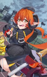  1girl absurdres ammunition angry asymmetrical_gloves black_hat black_horns blush bokken breasts clouds cloudy_sky crying curled_horns dessert dragon_girl dragon_horns fence fingerless_gloves food gloves green_eyes hair_between_eyes harukimatsui_25 hat highres holding holding_weapon horns long_hair magus_(zenless_zone_zero) mechanical_horns mechanical_tail military_base mismatched_gloves open_mouth orange_hair orange_pupils orphie_magnusson pointy_ears single_fingerless_glove sky sweets sword tail tearing_up thigh-highs thigh_focus thighs twintails weapon wooden_sword yellow_gloves zenless_zone_zero 