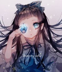  1girl blue_bow blue_eyes blue_gemstone blue_nails blue_vest bow brown_hair commentary_request fingernails gem grey_background hair_bow holding holding_gem long_hair looking_at_viewer one-hour_drawing_challenge open_mouth pointy_ears shinjitsu_no_kuchi shirt short_bangs short_sleeves solo star_sapphire touhou upper_body vest white_shirt 