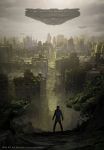  1boy boots building city cityscape cloudy_sky dilapidated edward_del_rio from_behind highres jacket original overgrown post-apocalypse realistic ruins scenery science_fiction silhouette skyscraper space_craft technology tree vanishing_point wide_stance 