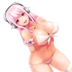  1girl arm_garter arms_behind_back bikini breasts fishnets front-tie_top headphones jewelry koshika_rina large_breasts long_hair looking_at_viewer navel necklace nitroplus open_mouth pink_eyes pink_hair revision side-tie_bikini simple_background smile solo super_sonico swimsuit thighhighs white_background white_legwear 