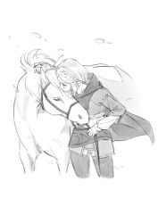  1girl absurdres braid ckkustar cloak closed_eyes cropped_legs crown_braid greyscale highres hood hood_down hooded_cloak horse juliet_sleeves kiss kissing_forehead long_sleeves monochrome parted_bangs pointy_ears princess_zelda puffy_sleeves reins sidelocks sketch the_legend_of_zelda the_legend_of_zelda:_breath_of_the_wild the_legend_of_zelda:_tears_of_the_kingdom white_background 