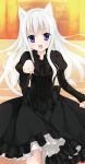 1girl :d absurdres animal_ears black_dress blue_eyes cat_ears cat_tail character_request copyright_request dress highres kobuichi long_hair open_mouth paw_pose puffy_sleeves sleeves_past_wrists smile solo tail white_hair 