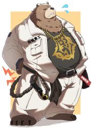  1boy animal_ears bear_boy bear_ears belly belt belt_pouch ben_bigger black_tank_top blush border brown_fur chain chain_necklace closed_eyes coat commentary_request emu_426 fat fat_man flying_sweatdrops furry furry_male hand_on_own_back highres jewelry lightning_bolt_symbol male_focus necklace open_clothes pants parted_lips plump pouch scar scar_across_eye scar_on_face shadow solo sweat tank_top white_border white_coat white_pants yellow_background zenless_zone_zero 