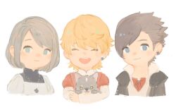  1girl 2boys animal black_hair black_jacket blonde_hair blue_eyes chibi child clive_rosfield closed_eyes closed_mouth coat dog dress earrings final_fantasy final_fantasy_xvi grey_eyes grey_hair hair_slicked_back holding holding_animal holding_dog j2_path jacket jewelry jill_warrick joshua_rosfield light_smile multiple_boys open_mouth red_coat shirt short_hair smile torgal_(ff16) upper_body white_background white_dress white_shirt wolf 