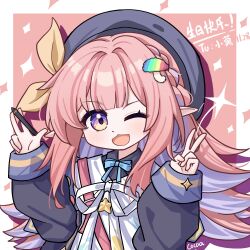  1girl ;d aqua_bow aqua_bowtie artist_name beret black_coat black_hat black_shirt blush border borrowed_character bow bowtie braid check_copyright chestnut_mouth chinese_commentary chinese_text coat collared_shirt colored_inner_hair commentary_request copyright_request dated drop_shadow food-themed_hair_ornament gift_art hair_ornament hands_up happy_birthday hat hat_bow highres holding holding_stylus long_hair long_sleeves looking_at_viewer multicolored_eyes multicolored_hair mushroom_hair_ornament neck_ribbon nuansede_kekeya one_eye_closed open_clothes open_coat open_mouth original outside_border pink_background pink_hair pointy_ears purple_hair raised_eyebrow ribbon shirt sidelocks smile solo sparkle sparkle_background stylus two-tone_eyes two-tone_hair upper_body v violet_eyes w white_border white_ribbon white_shirt yellow_bow yellow_eyes 