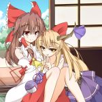  2girls ascot belt blonde_hair blue_sky bow brown_hair clouds detached_sleeves finger_to_mouth gourd hair_bow hair_tubes hakurei_reimu horn_ribbon horns ibuki_suika indoors leaning_on_person long_hair looking_at_viewer multiple_girls red_eyes ribbon sitting skirt skirt_set sky sleeveless sleeveless_shirt sliding_doors smile tabasuko tatami touhou tree yellow_eyes 