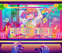  >_o 1girl 1other ;d arcade_cabinet arcade_stick arm_up blue_eyes breasts clenched_hand clothing_cutout colorful commentary_request controller dress earrings eighth_note english_text fingerless_gloves floating_hair game_controller gloves highres jewelry joystick kamen_rider kamen_rider_ex-aid_(series) max_(2n4_6h8) mole mole_under_eye musical_note musical_note_earrings musical_note_ornament necktie one_eye_closed open_mouth pink_hair pink_nails playing_games poppi_pipopapo pov short_hair shoulder_cutout small_breasts smile solo_focus sparkle square_pupils tokusatsu yellow_dress yellow_gloves yellow_necktie 
