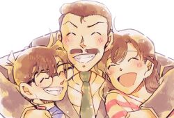  1girl 2boys ^_^ brown_hair clenched_teeth closed_eyes commentary_request derivative_work edogawa_conan facial_hair father_and_daughter glasses hair_between_eyes long_hair meitantei_conan mouri_kogoro mouri_ran multiple_boys mustache nattyanjuice necktie open_mouth short_hair simple_background smile teeth upper_body white_background 