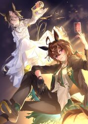  2girls ahoge animal_ears belt between_fingers black_belt black_gloves black_hair black_jacket black_necktie black_pants black_shoes blazer blue_eyes brown_hair card closed_mouth collared_shirt commentary_request cup dream_journey_(snow-white_dreamland)_(umamusume) dream_journey_(umamusume) dress ear_covers ear_ornament glasses gloves green_socks grin gul_(parfaitgul) hair_between_eyes head_tilt highres holding holding_card holding_cup horse_ears horse_girl jacket jewelry long_dress long_hair long_sleeves looking_at_viewer multicolored_hair multiple_girls nakayama_festa_(festival_game)_(umamusume) nakayama_festa_(umamusume) necklace necktie pants pouring shirt shoes single_ear_cover single_glove smile socks streaked_hair thigh_strap umamusume violet_eyes white_dress white_hair white_shirt 
