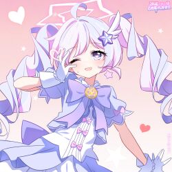  1girl ;d absurdres ahoge artist_name back_bow blue_archive blush bow bowtie chinese_commentary commentary_request dated drill_hair earrings gloves gradient_background hair_ornament halo hand_up heart heart-shaped_pupils highres jacket jewelry layered_skirt long_hair looking_at_viewer magical_girl multicolored_hair official_alternate_costume official_alternate_hairstyle one_eye_closed open_mouth outstretched_hand pink_background pink_bow pink_hair puffy_short_sleeves puffy_sleeves purple_bow purple_bowtie purple_hair purple_jacket purple_skirt reisa_(blue_archive) reisa_(magical)_(blue_archive) shirt short_sleeves signature skirt smile solo southernsandbox star_(symbol) star_earrings star_hair_ornament star_halo star_symbol_background sweat symbol-shaped_pupils twin_drills twintails two-tone_hair upper_body violet_eyes white_gloves white_shirt white_skirt wing_hair_ornament 