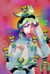 6+boys :3 ;d ^_^ bad_id bad_pixiv_id belt black_belt black_pants chibi chibi_on_head chibi_on_shoulder clone closed_eyes closed_mouth collared_shirt commentary_request diamond_(shape) emerald_(pokemon) forehead_jewel gem green_gemstone green_hair green_shirt highres long_sleeves male_focus multiple_boys notice_lines on_head on_shoulder one_eye_closed open_mouth pants person_on_head person_on_shoulder pokemon pokemon_adventures self-upload shirt short_hair sleeves_past_fingers sleeves_past_wrists smile sonasan teeth twitter_username upper_body upper_teeth_only wally_(pokemon) watermark white_shirt yaoi