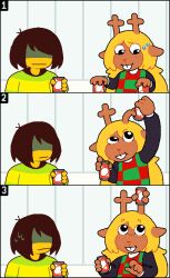  1girl 1other :/ :i absurdres animal_ears antlers asepriterico blonde_hair brown_fur brown_hair buck_teeth can checkered_clothes checkered_sweater_vest checkered_vest confused deer_antlers deer_ears deer_girl deltarune drink drink_can freckles furry furry_female highres holding holding_can holding_drink horns indoors kris_(deltarune) long_hair looking_at_object medium_hair noelle_holiday pixel_art prehensile_horns red_nose reindeer_antlers reindeer_girl smile soda_can sweatdrop swept_bangs teeth two-tone_sweater_vest utdr_(toby_fox) vest wavy_hair what worried 