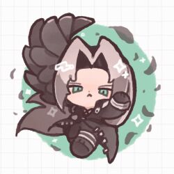  1boy :< black_boots black_coat black_feathers black_pants black_wings blym7oym7759061 boots chibi chibi_only coat falling_feathers feathers final_fantasy final_fantasy_vii floating full_body green_eyes grey_hair grid_background highres long_coat long_hair male_focus pants parted_bangs sephiroth single_wing solo wings 