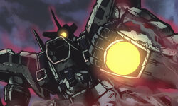  armor aura battle_damage broken_armor clenched_hand clouds commentary damaged dust from_below glowing glowing_eye glowing_weapon hades_project_zeorymer highres jazz_jack mecha mecha_focus night night_sky one-eyed orb red_aura robot science_fiction silhouette sky super_robot upper_body weapon zeorymer 