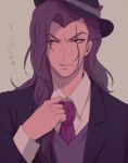  1boy aju222 formal hat jojo_no_kimyou_na_bouken long_hair necktie otoishi_akira purple_hair scar solo suit 