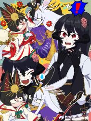  1boy 1girl 1other animal_ears asahi_sas_brutus au_ra black_hair black_scales black_skin blunt_bangs bowl_cut brother_and_sister colored_skin commission commissioner_upload dragon_horns final_fantasy final_fantasy_xiv flower fox_ears glaa_da gloves hair_flower hair_ornament high_ponytail highres holding holding_smoking_pipe horns hyur izumi_tol_amulius japanese_clothes kimono kiseru long_hair mismatched_animal_ear_colors mole multicolored_hair multicolored_skin open_mouth ponytail purple_kimono rabbit_ears red_trim sash scales short_hair siblings skeb_commission smoking_pipe split-color_hair split-color_skin straight_hair tsukuyomi_(ff14) two-tone_kimono two-tone_skin warrior_of_light_(ff14) white_skin yellow_collar yotsuyu_goe_brutus yukata 