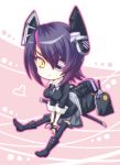  1girl :&lt; breasts chibi cyotto eyepatch fingerless_gloves gloves headgear heart highres kantai_collection necktie personification purple_hair school_uniform short_hair solo sword tenryuu_(kantai_collection) thigh-highs weapon yellow_eyes 