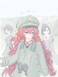  3girls absurdres belt binoculars black_hair blue_archive bolt_action cape cross doyagao fluffy_hair gehenna_academy_logo gun hair_over_eyes halo hat heinz_guderian highres insignia iroha_(blue_archive) iron_cross jacket long_hair makotan_art mauser_98 medal military_hat military_jacket military_rank_insignia military_uniform multiple_girls necktie oil_painting_(medium) painting_(medium) pandemonium_society_member_(blue_archive) peaked_cap purple_halo real_life_insert red_hair red_halo red_necktie reference_inset rifle short_hair smile smug traditional_media very_long_hair violet_eyes weapon wehrmacht world_war_ii 