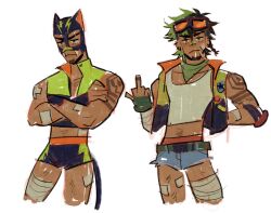  1boy :< animal_ears antonio_leon_mars_(skcd_loen) arm_tattoo badge bandaged_arm bandaged_leg bandages belt black_hair black_shorts black_vest braid button_badge cat_ears cat_tail chest_hair closed_mouth commentary cropped_legs cropped_shirt crossed_arms denim denim_shorts ear_piercing elbow_pads english_commentary expressionless eyebrow_cut facial_hair fake_animal_ears fake_tail fangs fingerless_gloves gauze gauze_on_arm gauze_on_leg gloves goatee_stubble goggles goggles_on_head green_belt green_gloves green_hair green_neckerchief green_shorts green_vest hand_in_pocket highres jitome leg_hair looking_ahead looking_at_viewer male_underwear male_underwear_peek middle_finger mouth_hold mullet multicolored_hair multiple_views neckerchief open_clothes open_vest orange-tinted_eyewear original piercing red_male_underwear short_hair short_shorts shorts side_braid simple_background single_elbow_pad skcd_loen sketch split-color_hair stalk_in_mouth stomach_hair stubble tail tan tank_top tattoo tinted_eyewear two-tone_hair two-tone_shorts two-tone_vest undercut underwear vest white_background white_tank_top 