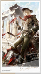  1boy absurdres backpack bag belt belt_buckle bird black_bag black_gloves black_jacket black_pants brown_belt brown_hat buckle buttons cape character_name closed_mouth coin coin_flip commentary copyright_name cowboy_hat curtained_hair day english_commentary eyepatch falling_feathers feathers flock from_below gloves grey_hair hand_up hat highres jacket jewelry leaning_back leg_up long_sleeves looking_at_viewer male_focus necklace official_art one_eye_covered open_clothes open_jacket outdoors pants partially_fingerless_gloves polaroid_photo punishing:_gray_raven red_cape red_scarf rock rope scarf shirt short_hair sky solo stairs standing viewfinder watanabe:_epitaph_(hell_sing)_(pgr) watanabe:_epitaph_(pgr) watanabe_(pgr) white_shirt yellow_eyes 