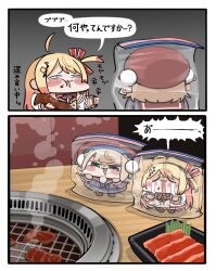  2girls bag blonde_hair brown_hair chibi commentary_request crying drooling food green_eyes highres hololive indie_virtual_youtuber instant_loss kakue_gaku meat multiple_girls otonose_kanade otonose_kanade_(1st_costume) plastic_bag regloss_(hololive) shigure_ui_(1st_costume)_(vtuber) shigure_ui_(vtuber) smug translation_request yakiniku ziploc_bag 