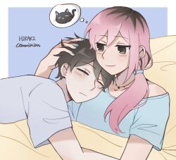  1boy 1girl ^_^ aged_up alternate_hairstyle animal aoihiraki artist_name aubrey_(faraway)_(omori) aubrey_(omori) bare_arms black_cat black_eyes black_hair blue_background blue_nails blue_shirt border bra_strap cat chromatic_aberration closed_eyes closed_mouth collarbone commentary commission double-parted_bangs earrings english_commentary flat_chest grey_shirt hair_behind_ear hair_between_eyes hair_over_shoulder hair_tie hand_on_another's_head hand_up head_on_another's_shoulder head_on_pillow head_rest highres hug image_in_thought_bubble jewelry jitome light_frown long_hair looking_at_another low_side_ponytail mewo multicolored_hair nail_polish necklace omori outside_border pillow pink_hair roots_(hair) scar scar_across_eye scar_on_face shirt short_hair short_sleeves side_ponytail simple_background single_bare_shoulder single_off_shoulder smile streaked_hair sunny_(omori) t-shirt two-tone_hair under_covers upper_body very_short_hair white_border 