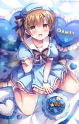  1girl :d animal_ears beret blue_bow blue_flower blue_hat blue_rose blue_serafuku blue_skirt blue_sky blush bow brown_bow brown_hair brown_shoes cat_ears commentary_request eighth_note flower fork frilled_pillow frills hair_bow happy_birthday hat heart heart-shaped_pillow highres holding holding_fork kouta. looking_at_viewer musical_note original pillow pleated_skirt puffy_short_sleeves puffy_sleeves rose sailor_collar school_uniform serafuku shoes short_sleeves sitting skirt sky smile socks solo twitter_username wariza white_background white_flower white_rose white_sailor_collar white_socks 