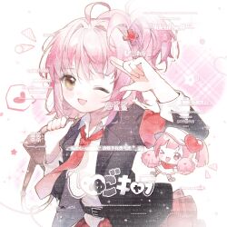  >_o 2girls ahoge armband bag baonu_de_zhanshen_caibutou belt belt_buckle black_belt black_jacket black_shoes blunt_bangs blunt_ends brown_bag buckle chibi chinese_commentary collared_jacket collared_shirt commentary_request commission cowboy_shot dot_nose dress guardian_chara hair_between_eyes hair_intakes hair_ornament hand_on_own_head happy hat hat_ornament heart heart_hat_ornament highres hinamori_amu holding holding_bag holding_pom_poms jacket kneehighs lapels light_blush light_particles long_sleeves looking_at_viewer loose_hair_strand medium_hair miniskirt multiple_girls necktie notched_lapels notice_lines one_eye_closed open_clothes open_jacket open_mouth pink_eyes pink_hair plaid_clothes plaid_skirt pleated_skirt pom_pom_(cheerleading) ran_(shugo_chara!) red_armband red_necktie red_scarf red_skirt sample_watermark scarf school_bag school_uniform seiyo_academy_school_uniform shirt shoes short_dress short_side_ponytail shugo_chara! skirt sleeve_cuffs smile socks sparkle speech_bubble spoken_heart star_(symbol) tareme too_many_watermarks visor_cap watermark white_background white_dress white_hat white_shirt white_socks x_hair_ornament yellow_eyes 