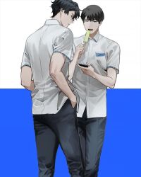  2boys alternate_costume black_eyes black_hair blackbox_(blackbox9158) collared_shirt feet_out_of_frame food hands_in_pockets holding holding_food holding_phone holding_popsicle kim_dokja male_focus multiple_boys omniscient_reader's_viewpoint phone popsicle shirt short_hair standing white_shirt yoo_joonghyuk 