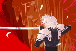  1boy 1girl aged_down armor black_coat black_gloves coat english_commentary falling_feathers feathers fighting_stance final_fantasy final_fantasy_vii final_fantasy_vii:_ever_crisis from_behind from_side gloves green_eyes grey_hair highres holding holding_sword holding_weapon jacoline jenova long_sleeves profile sephiroth sephiroth_(ever_crisis) short_hair shoulder_armor sword upper_body weapon white_feathers 