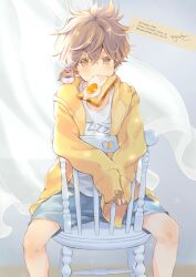  1boy animal_on_shoulder artist_name bird bird_on_shoulder bread bread_slice brown_hair cardigan chair closed_mouth commentary_request copyright_notice curtains double-parted_bangs feet_out_of_frame floating_curtains food food_in_mouth fried_egg fried_egg_on_toast grey_shorts hair_between_eyes highres hood hood_down hooded_cardigan kuga_tsukasa long_bangs long_sleeves looking_at_viewer male_focus messy_hair on_chair open_cardigan open_clothes original shirt short_hair shorts sitting sleeves_past_wrists solo spread_legs t-shirt toast white_shirt yellow_cardigan 