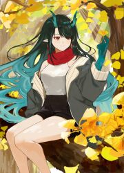  1girl alternate_costume arknights black_hair black_shorts blue_hair closed_mouth colored_extremities colored_inner_hair commentary day dragon_girl dragon_horns dusk_(arknights) earrings feet_out_of_frame grey_jacket highres holding holding_leaf horns jacket jewelry k-yosinori leaf long_hair multicolored_hair off_shoulder on_branch outdoors red_eyes red_scarf scarf shirt short_shorts shorts signature sitting sitting_on_branch sleeveless sleeveless_shirt smile solo watermark white_shirt 