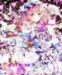  1girl :o absurdres armband azumamutuki butterfly fan folding_fan gradient gradient_background highres hitodama japanese_clothes kimono light_particles long_sleeves looking_at_viewer mob_cap obi parted_lips pink_eyes pink_hair saigyouji_yuyuko short_hair solo touhou tree_branch wide_sleeves 