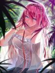  1girl absurdres blue_eyes blush breasts cleavage hairband highres leaf long_hair megurine_luka okingjo parted_lips pink_hair see-through_silhouette solo vocaloid wet wet_clothes 