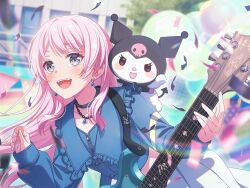  1girl bang_dream! bang_dream!_it's_mygo!!!!! black_choker blue_jacket blurry blurry_background blush chihaya_anon choker confetti electric_guitar esp_guitars fang game_cg grey_eyes guitar guitar_strap holding holding_plectrum instrument jacket jewelry kuromi long_hair necklace official_art onegai_my_melody open_mouth pink_hair plectrum sanrio teeth third-party_source upper_teeth_only 