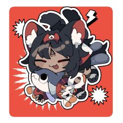  1girl animal_ear_fluff animal_ears barcode barcode_tattoo black_gloves black_hair border byako_(srktn) cat_ears cat_girl cat_tail chibi chibi_only closed_eyes commentary_request facial_mark fish forehead_mark forehead_tattoo gloves hairband highres lightning_bolt_symbol nekomiya_mana open_mouth outline red_background red_hairband red_sleeves round_border solo tail tattoo triangle triangle_facial_mark white_border white_outline zenless_zone_zero 