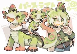  1girl :3 :d black_horns blue_pants blush_stickers buttons character_name commentary cropped_legs dragon dragon_ears dragon_girl fingerless_gloves gloves green_eyes green_hair green_jacket hair_between_eyes hand_up highres horns jacket long_sleeves looking_at_viewer open_mouth original pants short_hair signature smile tabunnanhun v white_gloves 