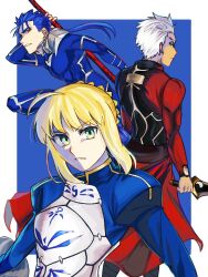  1girl 2boys ahoge archer_(fate) armor armored_dress artoria_pendragon_(fate) blonde_hair blue_hair braid braided_bun coat cu_chulainn_(fate) cu_chulainn_(fate/stay_night) cu_chulainn_(lancer)_(fate) dress fate/stay_night fate_(series) gae_bolg_(fate) green_eyes hair_bun holding holding_polearm holding_weapon kanshou_&amp;_bakuya_(fate) multiple_boys nikumiso000 polearm red_coat saber_(fate) spear spiky_hair weapon white_hair 