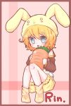  1girl animal_hat berry_(strawberry_6) blue_eyes blush_stickers bunny_hat carrot character_name colored hat highres kagamine_rin oversized_object solo vocaloid young 