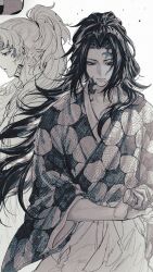  2boys closed_mouth collarbone cowboy_shot earrings greyscale hakama hanafuda_earrings high_ponytail highres holding holding_sword holding_weapon japanese_clothes jewelry juya15976333 katana kimetsu_no_yaiba kimono long_hair male_focus monochrome multiple_boys ponytail print_kimono scar scar_on_face scar_on_forehead spiky_hair sword tsugikuni_michikatsu tsugikuni_yoriichi very_long_hair weapon white_background 