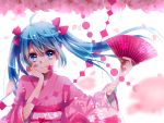  1girl ahoge aisusuki blue_eyes blue_hair cherry_blossoms fan folding_fan hatsune_miku japanese_clothes kimono long_hair looking_at_viewer petals smile solo twintails vocaloid 