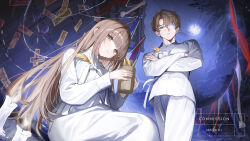  1boy 1girl brown_eyes brown_hair character_request clouds commentary commission crossed_arms dress eyepatch full_moon green_eyes gwechul hair_between_eyes haruri highres holding japanese_clothes kimono long_hair long_sleeves looking_at_viewer medical_eyepatch moon night night_sky ofuda pants parted_lips sitting sky smile standing very_long_hair white_dress white_kimono white_pants 