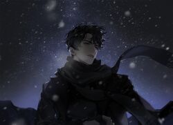  1boy aegyo_sal black_coat black_eyes black_hair black_scarf black_shirt blackbox_(blackbox9158) coat curtained_hair fringe_trim highres male_focus night omniscient_reader's_viewpoint open_clothes open_coat outdoors parted_lips scarf serious shirt short_hair snowing solo upper_body yoo_joonghyuk 