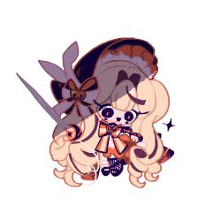  1girl absurdly_long_hair asymmetrical_dress asymmetrical_legwear back_bow bandaged_leg bandages black_bonnet black_bow black_eyes black_shoes black_sleeves black_thighhighs black_wrist_cuffs blonde_hair blunt_bangs blush_stickers bonnet bow bowtie brooch chibi commentary cookie_run cookie_run:_kingdom detached_sleeves dress drill_hair english_commentary eyelashes facial_tattoo fishnet_thighhighs fishnets four-pointed_star frilled_dress frilled_headwear frilled_wrist_cuffs frills hair_intakes halloween happy hat hat_bow holding holding_sword holding_weapon jack-o'-lantern_brooch jack-o'-lantern_hat_ornament jewelry long_dress long_hair looking_ahead loose_hair_strand maid_headdress mary_janes mismatched_legwear multicolored_hair mycookie open_mouth orange_bow orange_bowtie orange_dress orange_pupils reed ribbon-trimmed_wrist_cuffs shoes short_sleeves simple_background single_stripe single_thighhigh skirt_hold sleeveless sleeveless_dress smile solo sparkle standing star_(symbol) star_tattoo streaked_hair striped_bow striped_bowtie striped_clothes sword tattoo thigh-highs twintails two-tone_bow two-tone_dress very_long_hair weapon white_background white_bow white_dress wrist_cuffs 