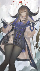  1girl absurdres arknights belt black_gloves black_pantyhose blue_jacket brown_eyes brown_hair closed_mouth coat flower flower_on_head gloves hair_ornament highres holding jacket long_hair long_sleeves looking_at_viewer pallas_(arknights) pantyhose puffy_long_sleeves puffy_sleeves puranetto_(vjun4748) red_flower red_rose rose solo white_coat 