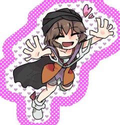  1other ^_^ androgynous bandana black_bandana black_cape brown_hair cape cine_hamal closed_eyes collarbone eye_brooch eye_of_senri frilled_socks frills full_body green_shorts happy heart heart_outline image_sample jacket jandare kuzu_suzumi leg_up len'en light_blush lowres non-web_source open_clothes open_jacket open_mouth orange_jacket other_focus outline outstretched_arms pink_outline pixiv_sample polka_dot_outline purple_scarf purple_shirt red_ribbon ribbon ribbon-trimmed_shorts ribbon_legwear ribbon_trim scarf shirt short_hair shorts simple_background sleeveless sleeveless_jacket sleeveless_shirt smile socks solo turban two-tone_shirt white_background white_outline white_shirt white_socks 